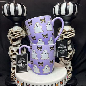 Cobwebs & Cauldrons Halloween Purple Ombre White Ghost Black Bow Coffee Mugs